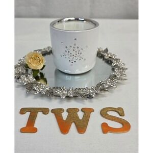 Swarovski Crystal White Ceramic Scented Candle Silver Rim Starburst Logo 3in